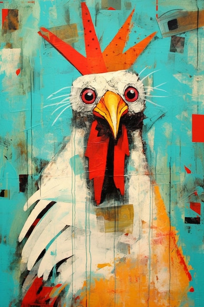 painting of a rooster with a red crown on its head generative ai