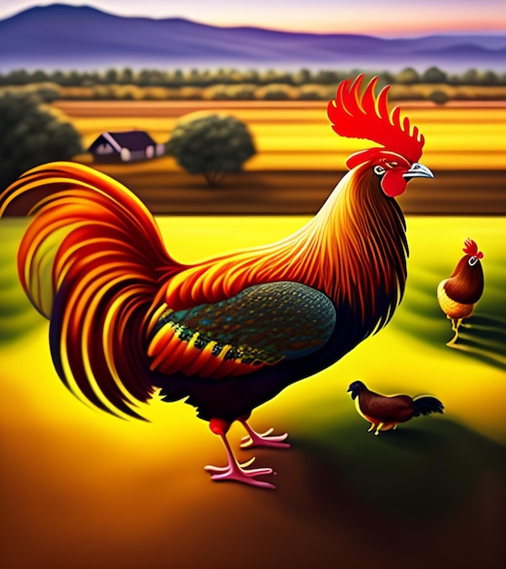 Premium Photo  A painting of a rooster with a red tail and a