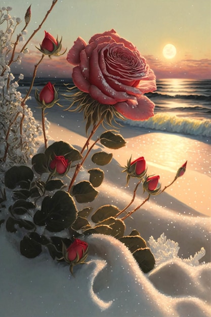 Painting of a rose in the snow by the ocean generative ai