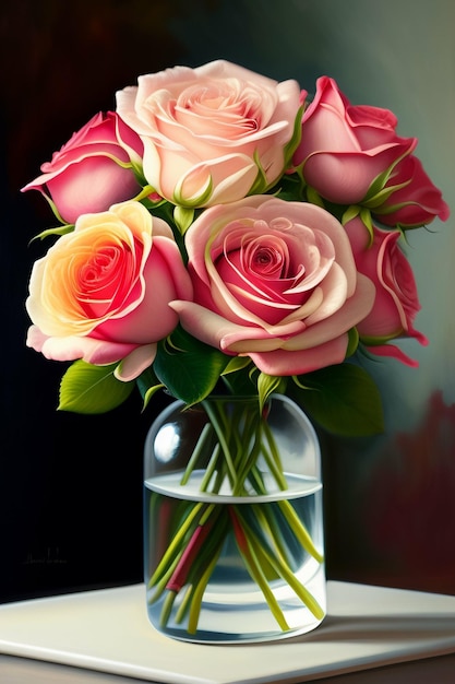 A painting of a rose in a vase with water on it.