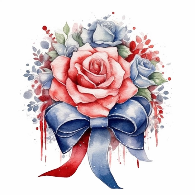 A painting of a rose with a blue ribbon and red and white flowers generative ai
