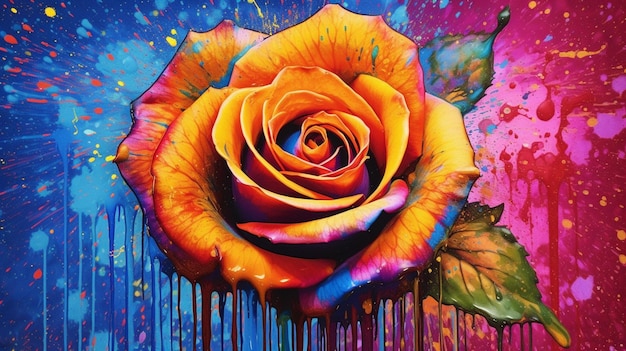 Painting of a rose with colorful paint drips on it generative ai