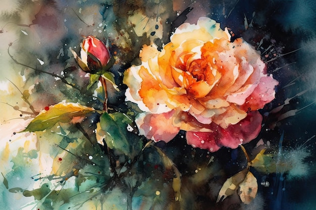 A painting of a rose with a green leaf in the background