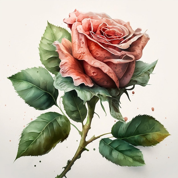 A painting of a rose with green leaves