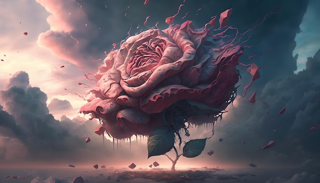 A painting of a rose with a pink flower on it