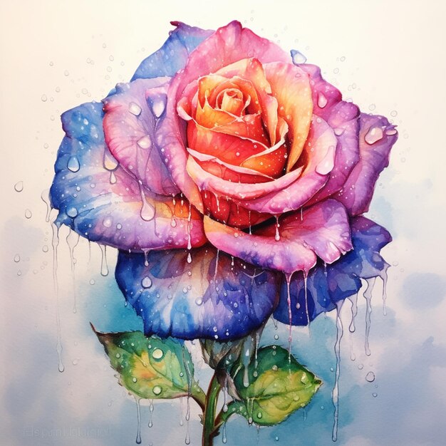Photo painting of a rose with water drops on it generative ai
