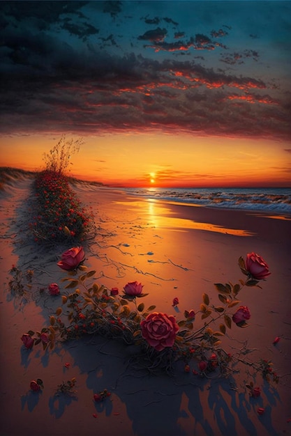 Painting of roses on a beach at sunset generative ai