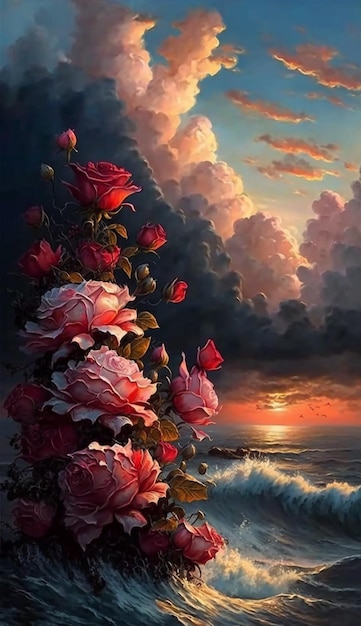 A painting of roses by the sea