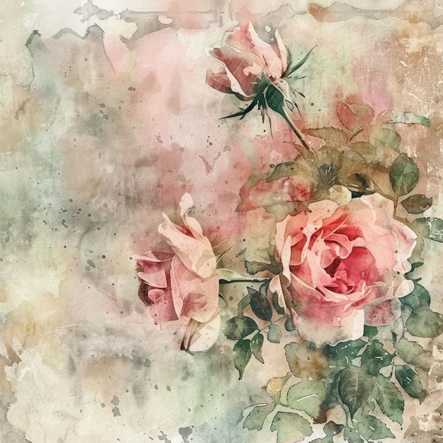 a painting of roses and leaves with a pink background