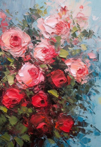 A painting of roses in red and green