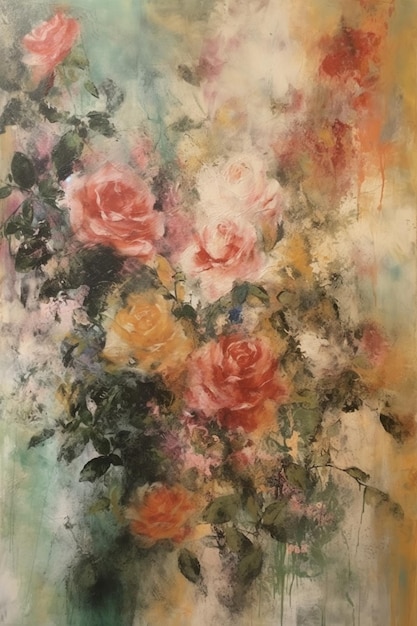 A painting of roses in shades of pink and yellow