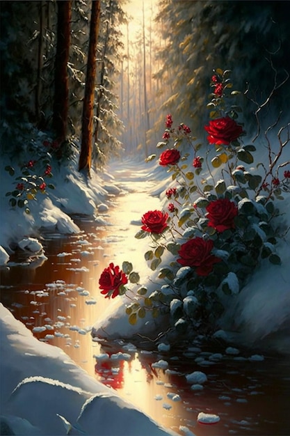 Painting of roses in the snow by a stream generative ai