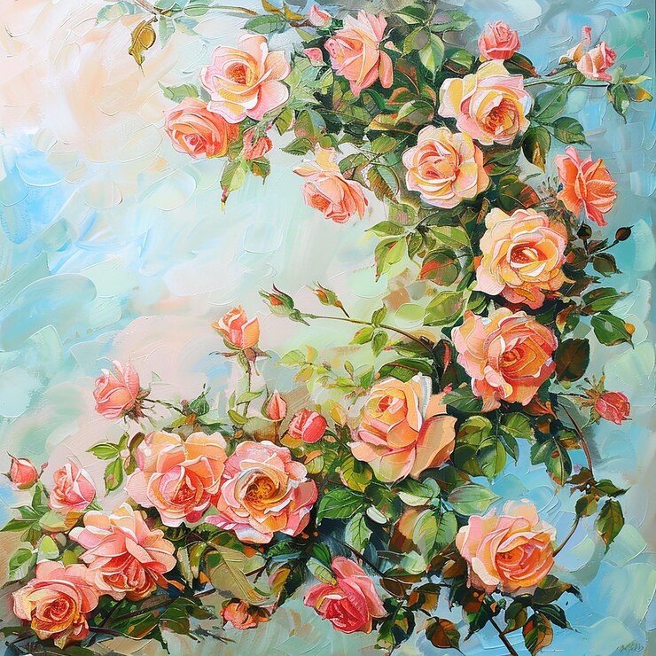 a painting of roses with a blue background