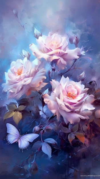 A painting of roses with a butterfly