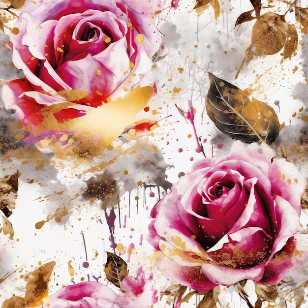 A painting of roses with gold leaves and pink roses.