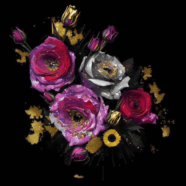 A painting of roses with gold and purple leaves and flowers.