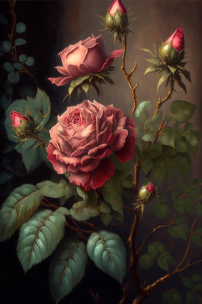 A painting of roses with a green bug on it