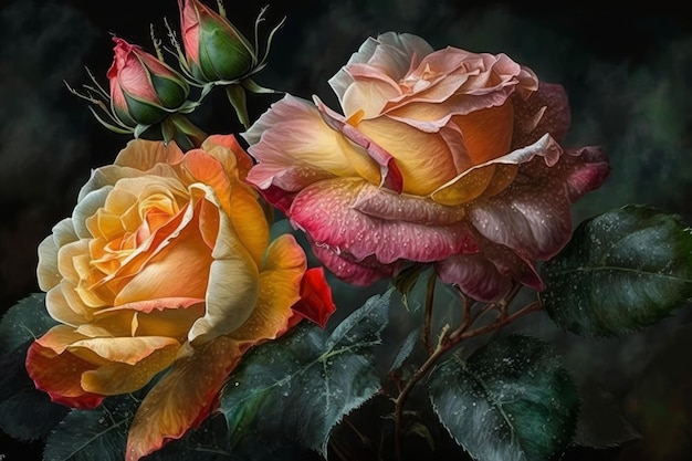 A painting of roses with a green leaf on it