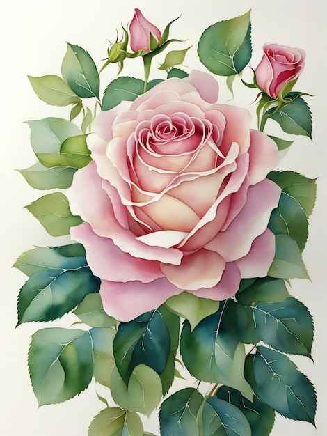 A painting of roses with green leaves