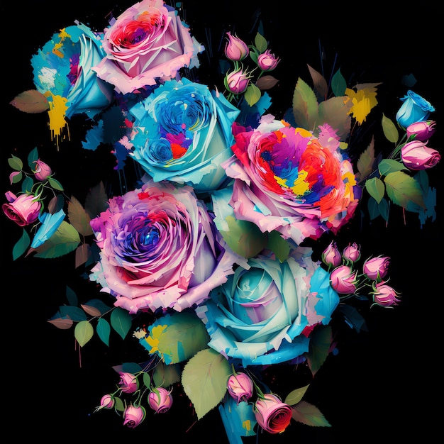 A painting of roses with pink, blue and purple flowers.