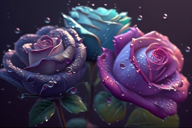 A painting of roses with water droplets on them