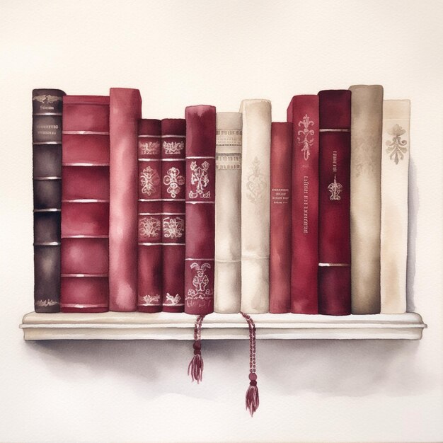 painting of a row of books on a shelf with a tassel generative ai