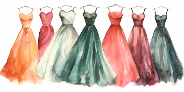 A painting of a row of dresses hanging on a clothes rack generative ai