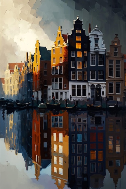 A painting of a row of houses with a reflection of the houses in the water.