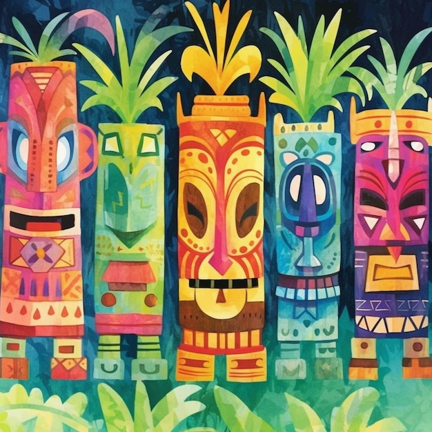 A painting of a row of tiki statues with pineapples on each of them generative ai