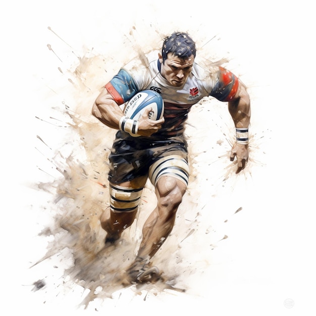 painting of a rugby player running with a ball in his hand generative ai