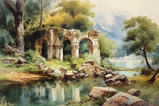 A painting of a ruin by a lake