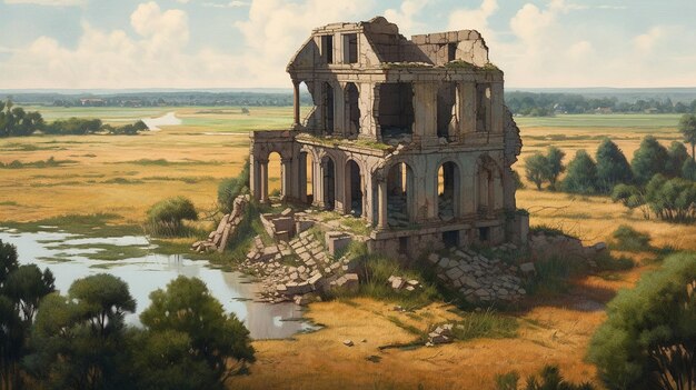 A painting of a ruined building in a field.