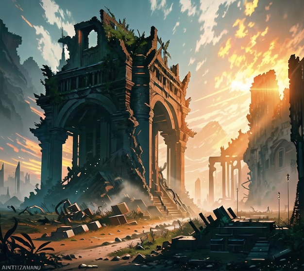 A painting of a ruined building with the sun shining through the clouds.