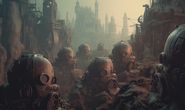 A painting of a ruined city with gas masks and a castle in the background.