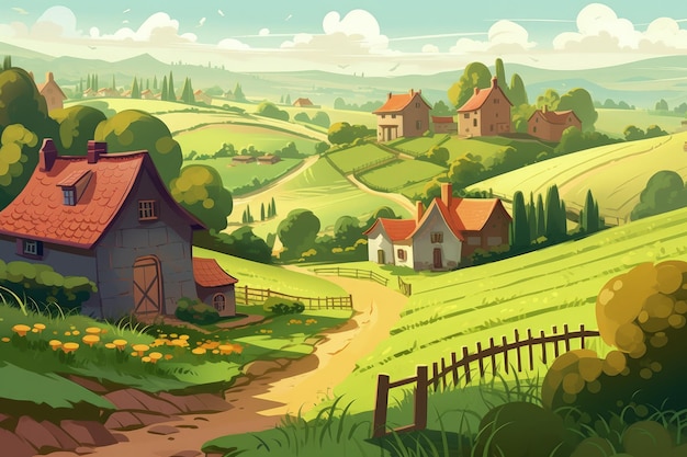 A painting of a rural landscape with a house generative AI