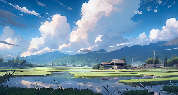湖のある田園風景の絵画 AI生成画像