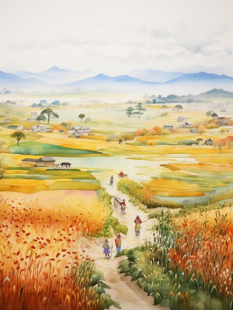 Painting of a rural landscape with a river and people walking down a path generative ai