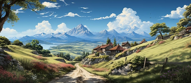 painting of a rural road leading to a mountain village generative ai