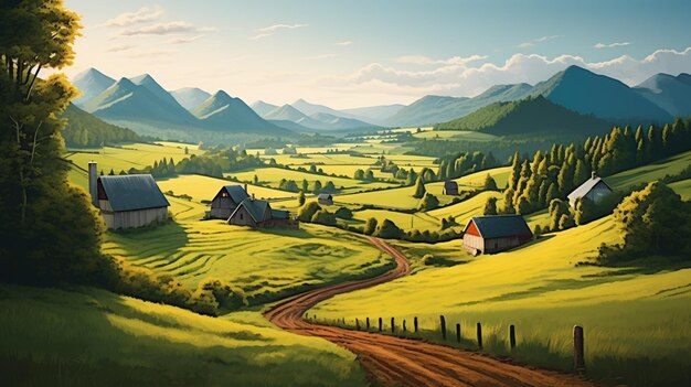 painting of a rural scene with a dirt road and farm generative ai