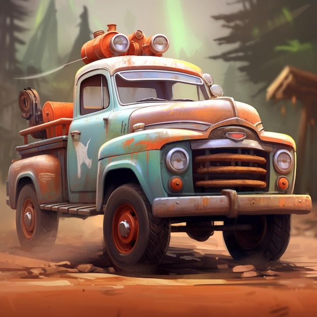 Painting of a rusty truck with a fire hydrant on the back generative ai