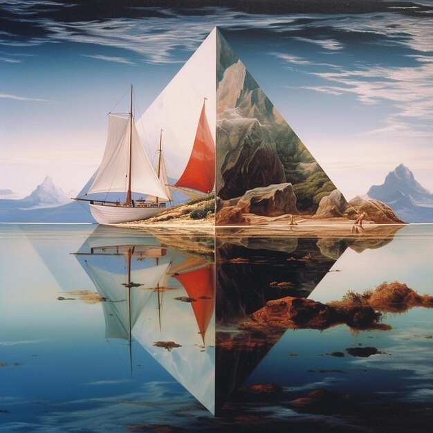 Painting of a sailboat in a body of water with a mountain in the background generative ai