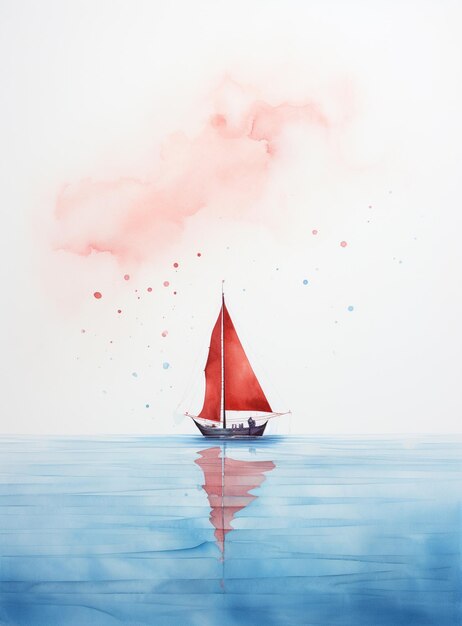 Photo painting of a sailboat floating in the ocean with a pink cloud generative ai