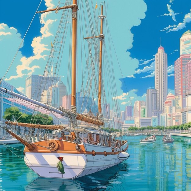 Painting of a sailboat in a harbor with a city in the background generative ai