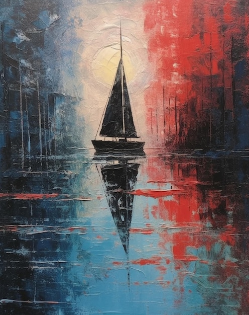 painting of a sailboat in a harbor with a red sky generative ai