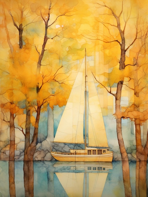 Painting of a sailboat in a lake surrounded by trees generative ai