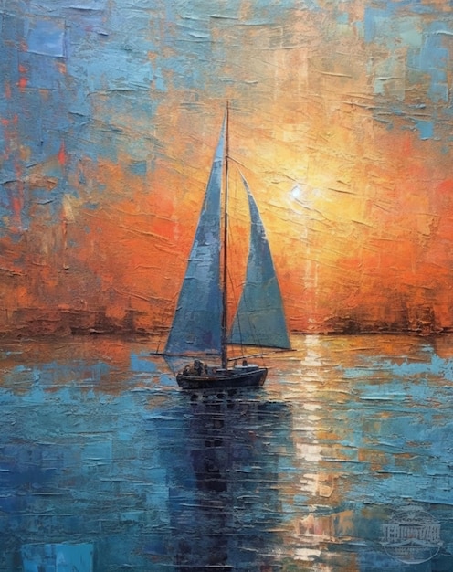 painting of a sailboat in the ocean at sunset generative ai