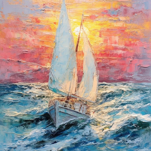 Картина парусной лодки в океане при заходе солнца