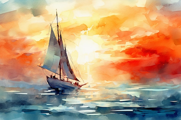 Painting of a sailboat in the ocean at sunset with a bright orange sky generative ai