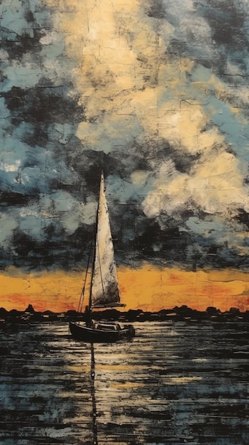 Painting of a sailboat in the ocean at sunset with a cloudy sky generative ai