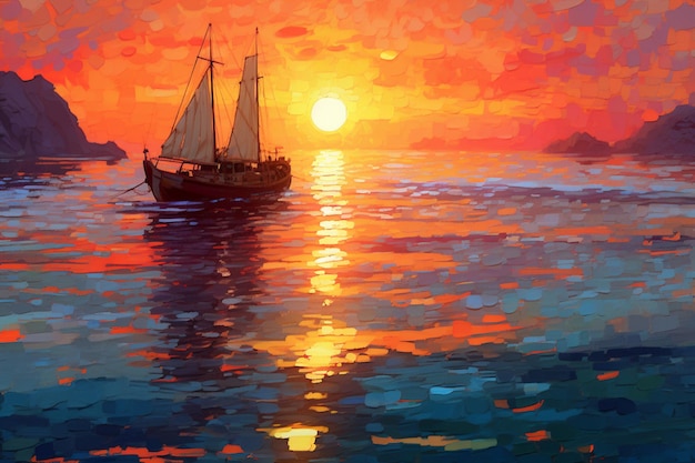 山を背景にした夕暮れ時の海に浮かぶ帆船の絵 生成 ai